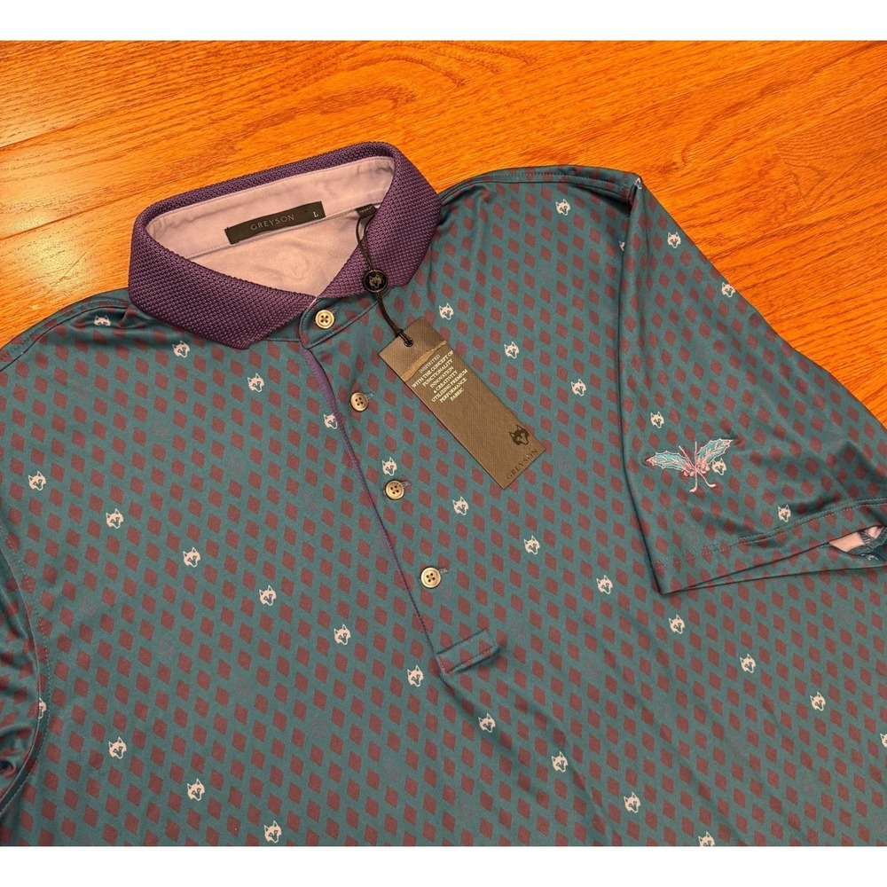 New Greyson Golf Performance Polo Shirt Mens Large AOP Print Wolf Geometric